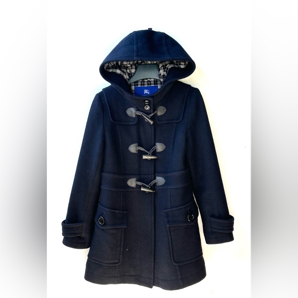 Burberry BLUE LABEL Duffle Coat Hooded Toggle, dark navy black Wool, siz…